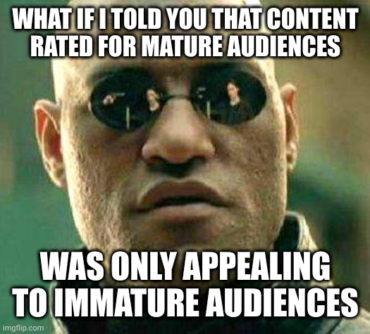 No, no...he's got a point | WHAT IF I TOLD YOU THAT CONTENT
RATED FOR MATURE AUDIENCES; WAS ONLY APPEALING TO IMMATURE AUDIENCES | image tagged in what if i told you | made w/ Imgflip meme maker
