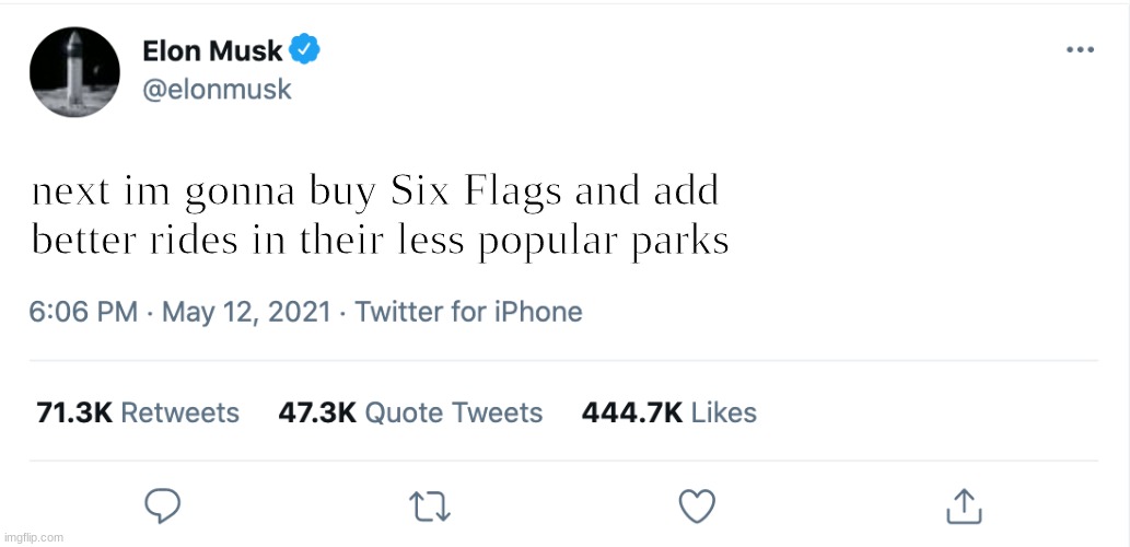 Elon Musk Blank Tweet | next im gonna buy Six Flags and add better rides in their less popular parks | image tagged in elon musk blank tweet | made w/ Imgflip meme maker