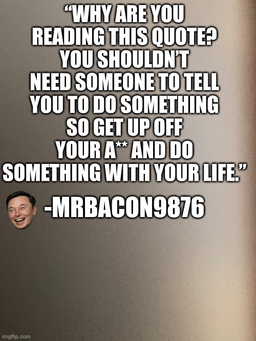 Do something with your life | “WHY ARE YOU READING THIS QUOTE? YOU SHOULDN’T NEED SOMEONE TO TELL YOU TO DO SOMETHING SO GET UP OFF YOUR A** AND DO SOMETHING WITH YOUR LIFE.”; -MRBACON9876 | image tagged in quotes,inspirational quote | made w/ Imgflip meme maker