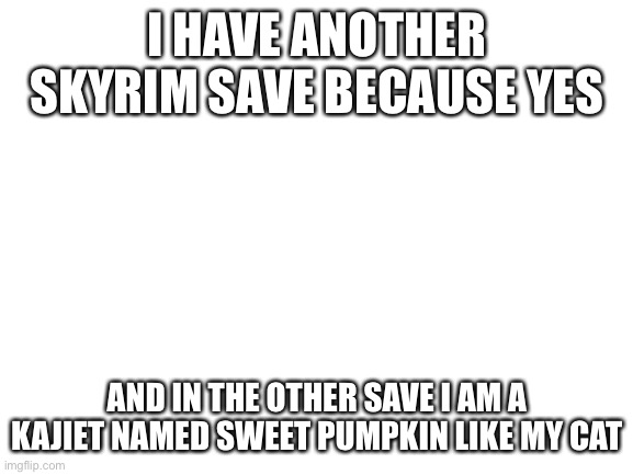 Because Kajiet are Cat people | I HAVE ANOTHER SKYRIM SAVE BECAUSE YES; AND IN THE OTHER SAVE I AM A KAJIET NAMED SWEET PUMPKIN LIKE MY CAT | image tagged in blank white template | made w/ Imgflip meme maker