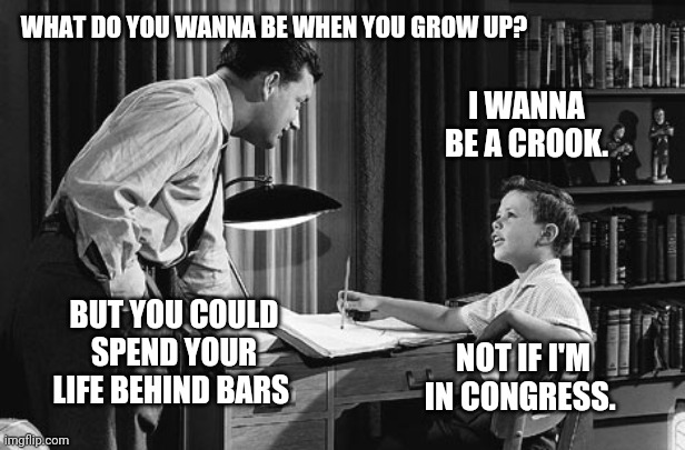 They seem untouchable. | WHAT DO YOU WANNA BE WHEN YOU GROW UP? I WANNA BE A CROOK. BUT YOU COULD SPEND YOUR LIFE BEHIND BARS; NOT IF I'M IN CONGRESS. | image tagged in father son | made w/ Imgflip meme maker