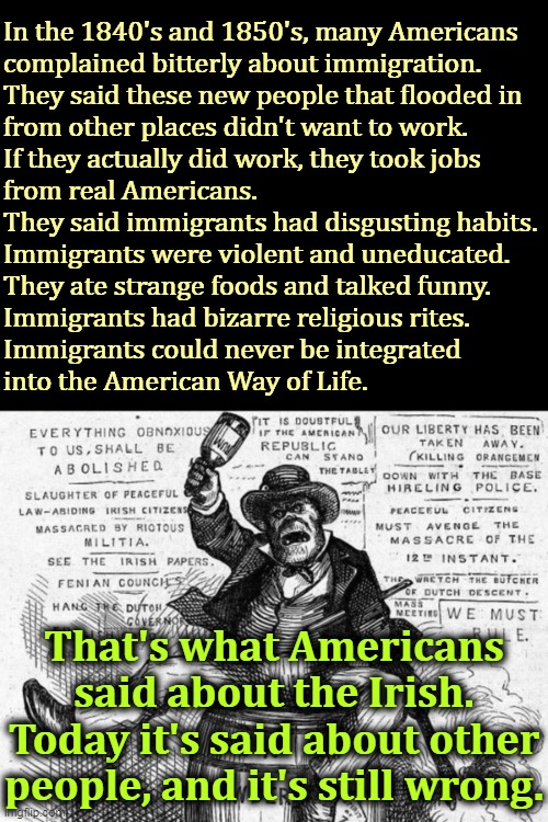  In the 1840's and 1850's, many Americans 
complained bitterly about immigration. 
They said these new people that flooded in 
from other places didn't want to work.
If they actually did work, they took jobs 
from real Americans.
They said immigrants had disgusting habits.
Immigrants were violent and uneducated.
They ate strange foods and talked funny.
Immigrants had bizarre religious rites.
Immigrants could never be integrated 
into the American Way of Life. That's what Americans said about the Irish.
Today it's said about other people, and it's still wrong. | image tagged in irish,immigrants,immigration,bigotry,hatred,xenophobia | made w/ Imgflip meme maker