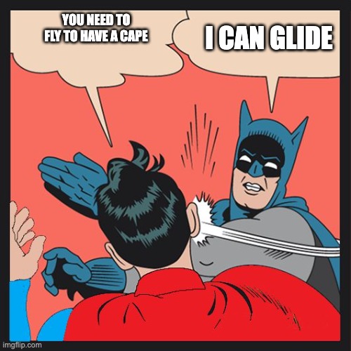 Batman Slapping Superman | YOU NEED TO FLY TO HAVE A CAPE; I CAN GLIDE | image tagged in batman slapping superman | made w/ Imgflip meme maker