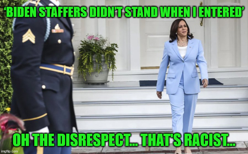 No wonder why so many have quit working for her... | ‘BIDEN STAFFERS DIDN’T STAND WHEN I ENTERED’; OH THE DISRESPECT... THAT'S RACIST... | image tagged in kamala harris,whining | made w/ Imgflip meme maker