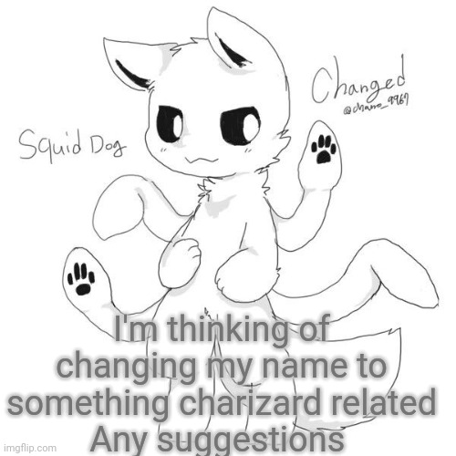 Squid dog | I'm thinking of changing my name to something charizard related
Any suggestions | image tagged in squid dog | made w/ Imgflip meme maker
