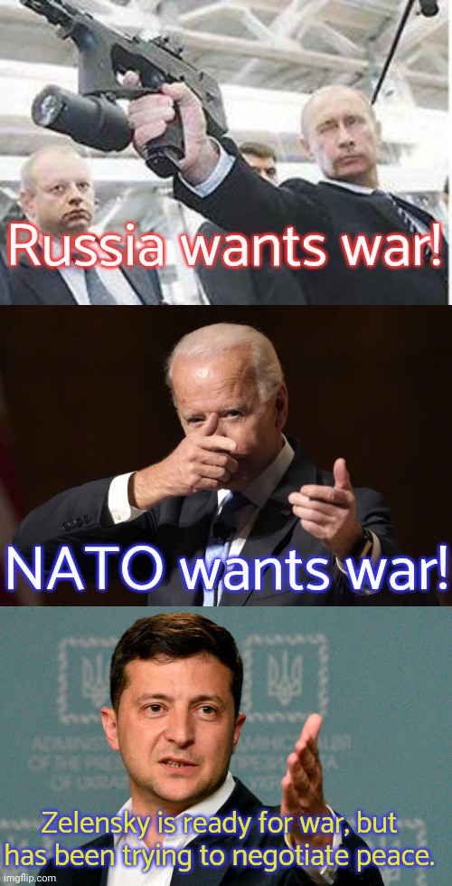 At least there's one adult in the room. | Russia wants war! NATO wants war! Zelensky is ready for war, but has been trying to negotiate peace. | image tagged in putin with a gun,biden gun,zelenskiy | made w/ Imgflip meme maker