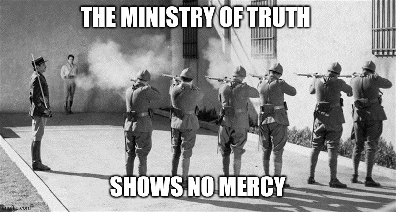 Firing Squad | THE MINISTRY OF TRUTH SHOWS NO MERCY | image tagged in firing squad | made w/ Imgflip meme maker