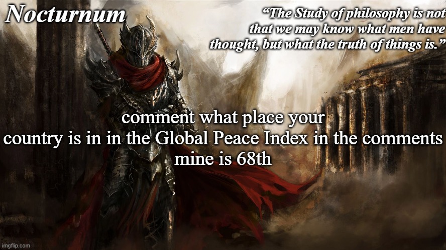 Nocturnum's knight temp | comment what place your country is in in the Global Peace Index in the comments
mine is 68th | image tagged in nocturnum's knight temp | made w/ Imgflip meme maker
