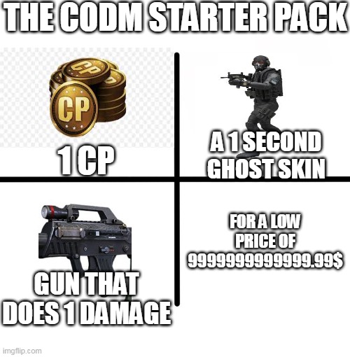 p2w | THE CODM STARTER PACK; 1 CP; A 1 SECOND GHOST SKIN; FOR A LOW PRICE OF 9999999999999.99$; GUN THAT DOES 1 DAMAGE | image tagged in memes,blank starter pack | made w/ Imgflip meme maker