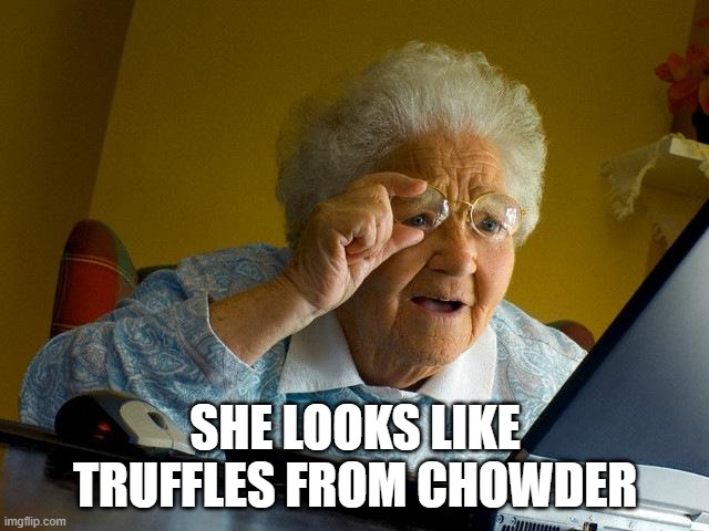 She looks like Truffles from Chowder | SHE LOOKS LIKE TRUFFLES FROM CHOWDER | image tagged in memes,grandma finds the internet | made w/ Imgflip meme maker
