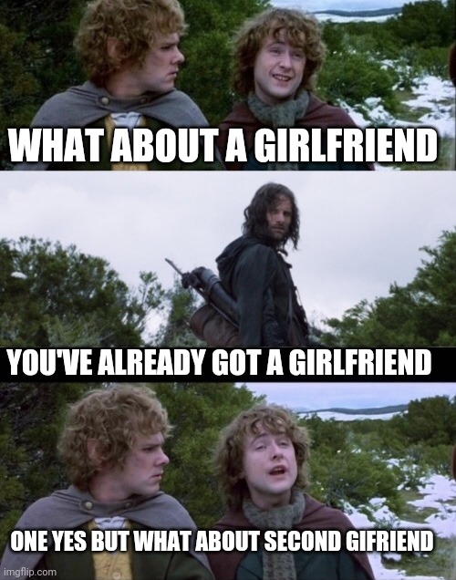 Pippin Second Breakfast | WHAT ABOUT A GIRLFRIEND; YOU'VE ALREADY GOT A GIRLFRIEND; ONE YES BUT WHAT ABOUT SECOND GIFRIEND | image tagged in pippin second breakfast | made w/ Imgflip meme maker