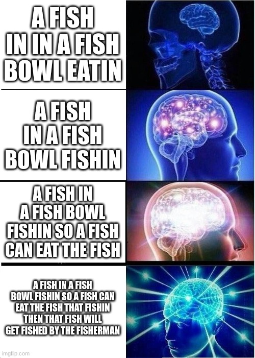 fish fishin | A FISH IN IN A FISH BOWL EATIN; A FISH IN A FISH BOWL FISHIN; A FISH IN A FISH BOWL FISHIN SO A FISH CAN EAT THE FISH; A FISH IN A FISH BOWL FISHIN SO A FISH CAN EAT THE FISH THAT FISHIN THEN THAT FISH WILL GET FISHED BY THE FISHERMAN | image tagged in memes,expanding brain | made w/ Imgflip meme maker