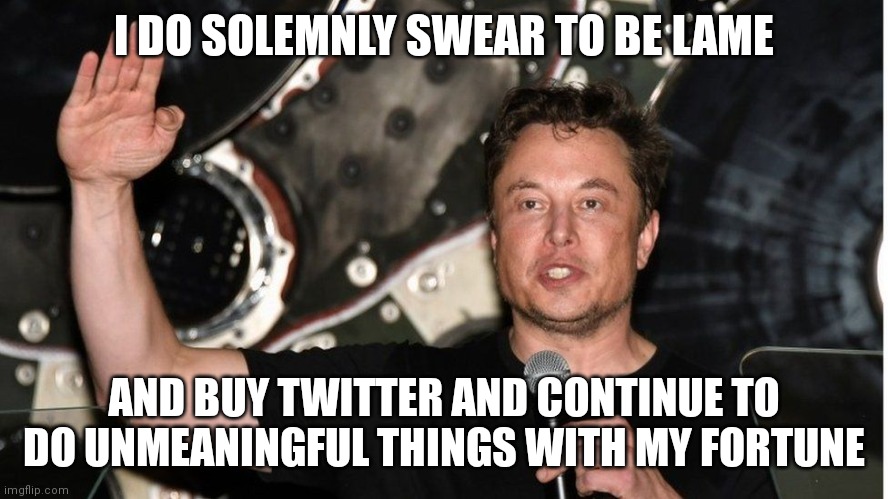 Twitter Turd | I DO SOLEMNLY SWEAR TO BE LAME; AND BUY TWITTER AND CONTINUE TO DO UNMEANINGFUL THINGS WITH MY FORTUNE | image tagged in elon musk,memes,funny memes,amber heard | made w/ Imgflip meme maker