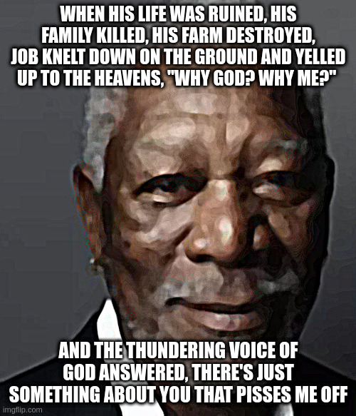 Morgan | WHEN HIS LIFE WAS RUINED, HIS FAMILY KILLED, HIS FARM DESTROYED, JOB KNELT DOWN ON THE GROUND AND YELLED UP TO THE HEAVENS, "WHY GOD? WHY ME?"; AND THE THUNDERING VOICE OF GOD ANSWERED, THERE'S JUST SOMETHING ABOUT YOU THAT PISSES ME OFF | image tagged in morgan | made w/ Imgflip meme maker