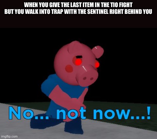 Not Now! George Pig | WHEN YOU GIVE THE LAST ITEM IN THE TIO FIGHT BUT YOU WALK INTO TRAP WITH THE SENTINEL RIGHT BEHIND YOU | image tagged in not now george pig | made w/ Imgflip meme maker