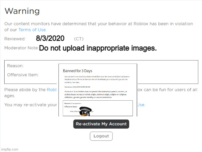 helop | 8/3/2020; Do not upload inappropriate images. | image tagged in roblox warning | made w/ Imgflip meme maker