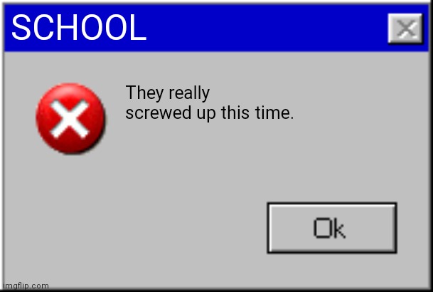 Windows Error Message | SCHOOL; They really screwed up this time. | image tagged in windows error message | made w/ Imgflip meme maker