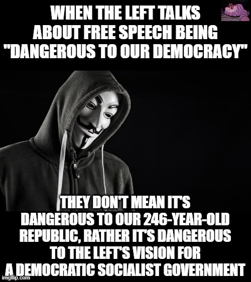 A bad idea can only survive when you censor dissenting views | WHEN THE LEFT TALKS ABOUT FREE SPEECH BEING "DANGEROUS TO OUR DEMOCRACY"; THEY DON'T MEAN IT'S DANGEROUS TO OUR 246-YEAR-OLD REPUBLIC, RATHER IT'S DANGEROUS TO THE LEFT'S VISION FOR A DEMOCRATIC SOCIALIST GOVERNMENT | image tagged in guy fawkes | made w/ Imgflip meme maker