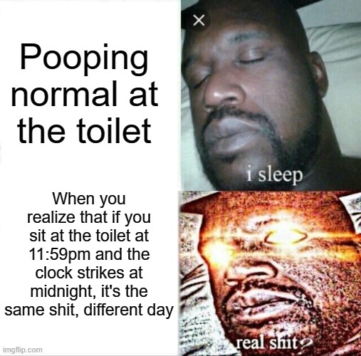 Sleeping Shaq Meme | Pooping normal at the toilet; When you realize that if you sit at the toilet at 11:59pm and the clock strikes at midnight, it's the same shit, different day | image tagged in memes,sleeping shaq | made w/ Imgflip meme maker
