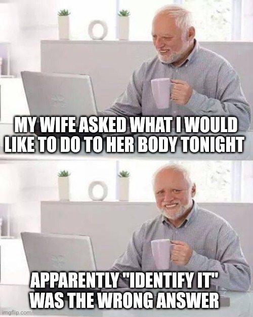 Hide the Pain Harold | MY WIFE ASKED WHAT I WOULD LIKE TO DO TO HER BODY TONIGHT; APPARENTLY "IDENTIFY IT" 
WAS THE WRONG ANSWER | image tagged in memes,hide the pain harold | made w/ Imgflip meme maker
