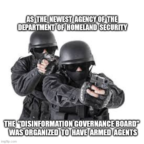 disinformation governance board | AS  THE  NEWEST  AGENCY OF  THE 
DEPARTMENT  OF  HOMELAND  SECURITY; THE  "DISINFORMATION GOVERNANCE BOARD"
  WAS ORGANIZED  TO  HAVE  ARMED  AGENTS | image tagged in swat team,disinformation,governance,board | made w/ Imgflip meme maker