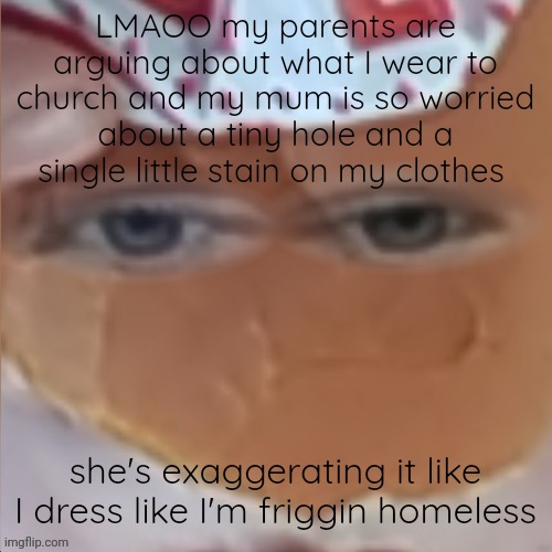 I'm basically supposed to be a perfect little shit | LMAOO my parents are arguing about what I wear to church and my mum is so worried about a tiny hole and a single little stain on my clothes; she's exaggerating it like I dress like I'm friggin homeless | image tagged in borger | made w/ Imgflip meme maker