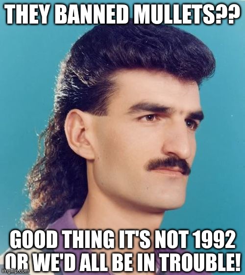 mullet  | THEY BANNED MULLETS?? GOOD THING IT'S NOT 1992 OR WE'D ALL BE IN TROUBLE! | image tagged in mullet | made w/ Imgflip meme maker