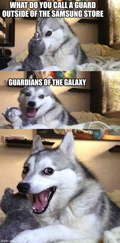 jokester dog | WHAT DO YOU CALL A GUARD OUTSIDE OF THE SAMSUNG STORE; GUARDIANS OF THE GALAXY | image tagged in fun | made w/ Imgflip meme maker