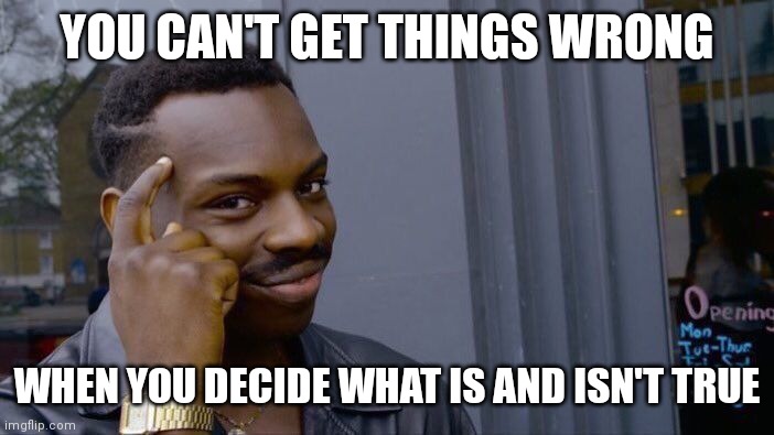 Roll Safe Think About It Meme | YOU CAN'T GET THINGS WRONG WHEN YOU DECIDE WHAT IS AND ISN'T TRUE | image tagged in memes,roll safe think about it | made w/ Imgflip meme maker