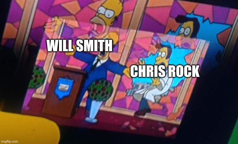 This is practically the Simpson's version of the Will smith slapping Chris rock meme | WILL SMITH; CHRIS ROCK | image tagged in homer pushing priest,will smith punching chris rock | made w/ Imgflip meme maker