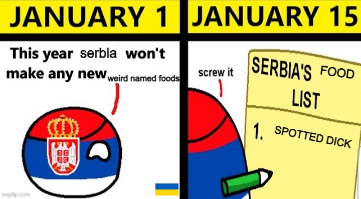 country balls |  serbia; weird named foods; FOOD; SPOTTED DICK | image tagged in serbia's list,countryballs,britain,foods | made w/ Imgflip meme maker