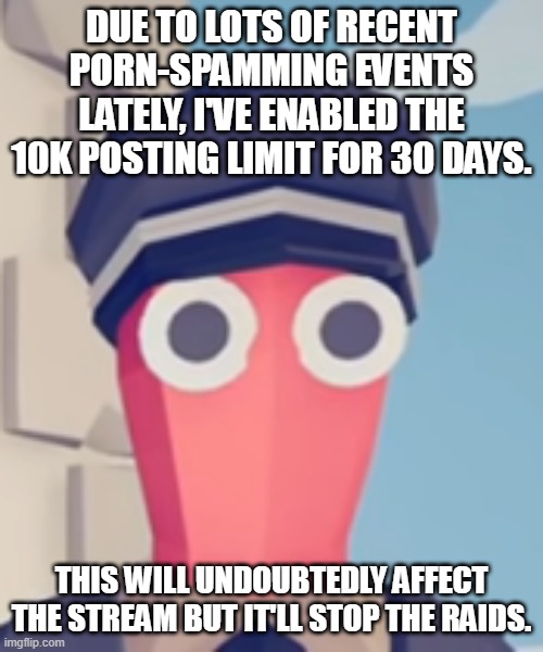 TABS Stare | DUE TO LOTS OF RECENT PORN-SPAMMING EVENTS LATELY, I'VE ENABLED THE 10K POSTING LIMIT FOR 30 DAYS. THIS WILL UNDOUBTEDLY AFFECT THE STREAM BUT IT'LL STOP THE RAIDS. | image tagged in tabs stare | made w/ Imgflip meme maker