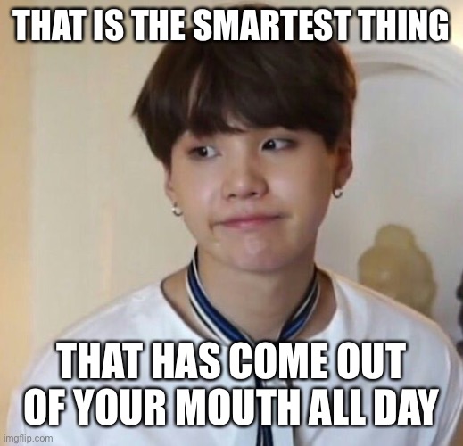 Yoongi face | THAT IS THE SMARTEST THING; THAT HAS COME OUT OF YOUR MOUTH ALL DAY | image tagged in yoongi face | made w/ Imgflip meme maker