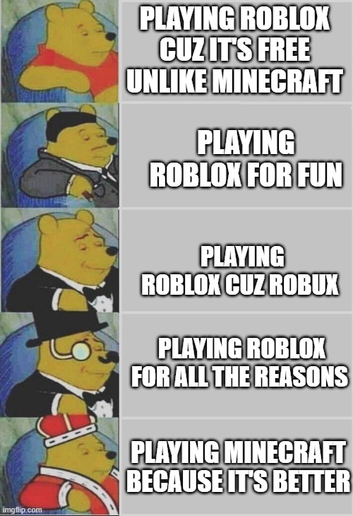 Winnie the Pooh (5 Panel) | PLAYING ROBLOX CUZ IT'S FREE UNLIKE MINECRAFT PLAYING MINECRAFT BECAUSE IT'S BETTER PLAYING ROBLOX FOR FUN PLAYING ROBLOX CUZ ROBUX PLAYING  | image tagged in winnie the pooh 5 panel | made w/ Imgflip meme maker