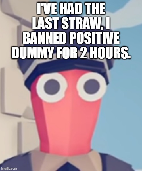 TABS Stare | I'VE HAD THE LAST STRAW, I BANNED POSITIVE DUMMY FOR 2 HOURS. | image tagged in tabs stare | made w/ Imgflip meme maker