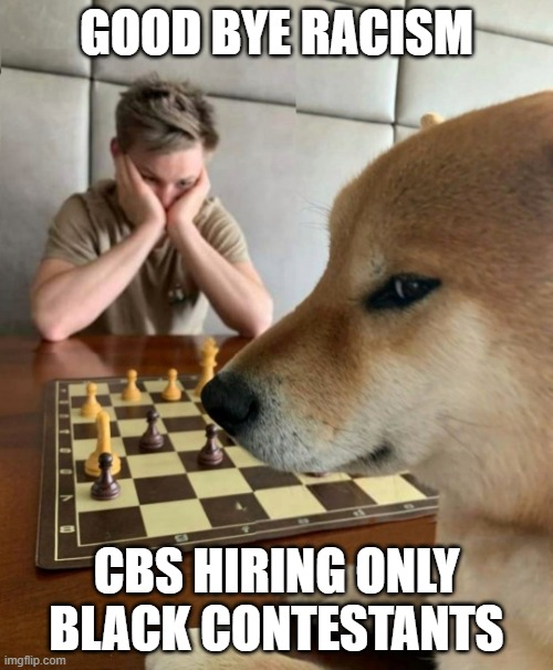 Doge playing chess | GOOD BYE RACISM; CBS HIRING ONLY BLACK CONTESTANTS | image tagged in doge playing chess | made w/ Imgflip meme maker