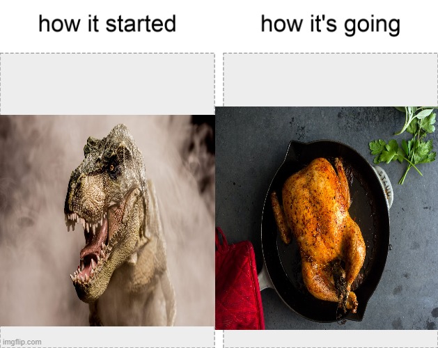 T-rex to Chicken | image tagged in t-rex,evolution,chicken,funny,memes,funny memes | made w/ Imgflip meme maker