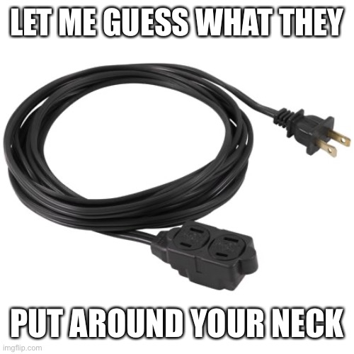 extension cord | LET ME GUESS WHAT THEY PUT AROUND YOUR NECK | image tagged in extension cord | made w/ Imgflip meme maker