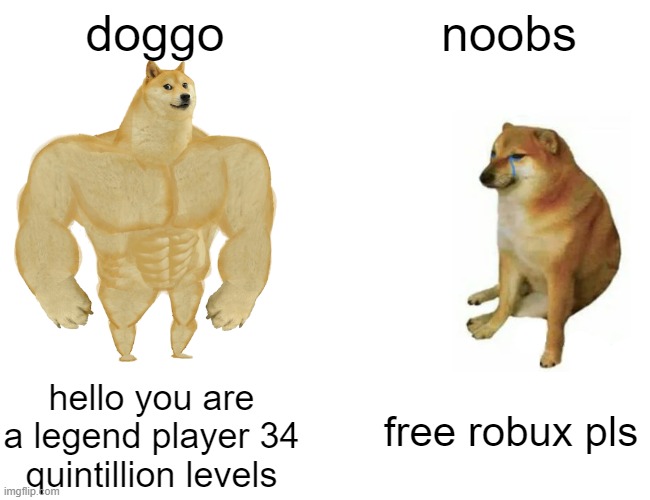 cool doggo | doggo; noobs; hello you are a legend player 34 quintillion levels; free robux pls | image tagged in memes,buff doge vs cheems | made w/ Imgflip meme maker