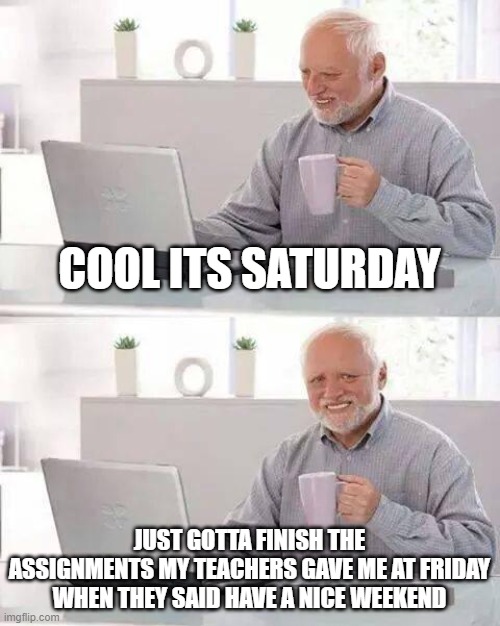 teachers... smth | COOL ITS SATURDAY; JUST GOTTA FINISH THE ASSIGNMENTS MY TEACHERS GAVE ME AT FRIDAY WHEN THEY SAID HAVE A NICE WEEKEND | image tagged in memes,hide the pain harold | made w/ Imgflip meme maker