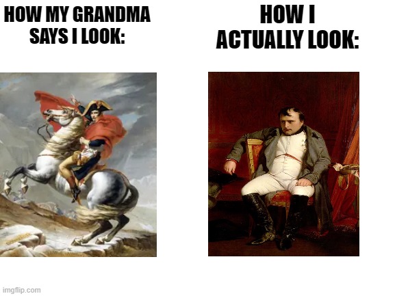 Blank White Template | HOW I ACTUALLY LOOK:; HOW MY GRANDMA SAYS I LOOK: | image tagged in memes,napoleon | made w/ Imgflip meme maker