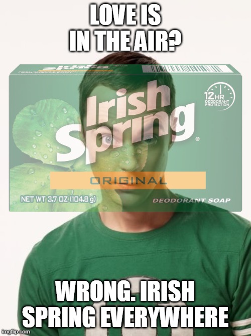 LOVE IS IN THE AIR? WRONG. IRISH SPRING EVERYWHERE | image tagged in sheldon cooper | made w/ Imgflip meme maker