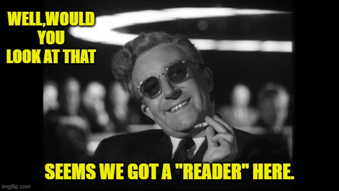 dr strangelove | WELL,WOULD YOU LOOK AT THAT SEEMS WE GOT A "READER" HERE. | image tagged in dr strangelove | made w/ Imgflip meme maker