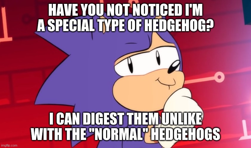 Sonic Chuckle | HAVE YOU NOT NOTICED I'M A SPECIAL TYPE OF HEDGEHOG? I CAN DIGEST THEM UNLIKE WITH THE "NORMAL" HEDGEHOGS | image tagged in sonic chuckle | made w/ Imgflip meme maker