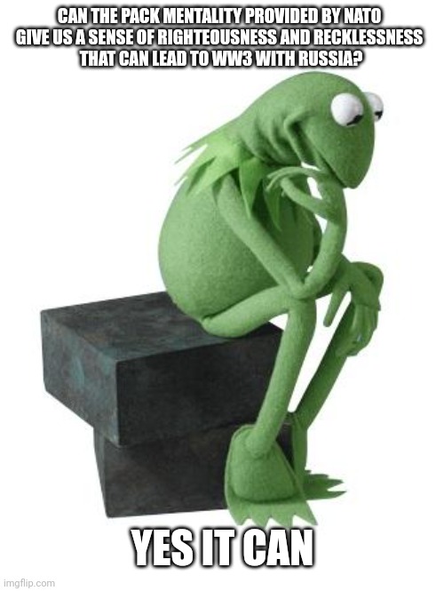 Kermit Saves the World | CAN THE PACK MENTALITY PROVIDED BY NATO 
GIVE US A SENSE OF RIGHTEOUSNESS AND RECKLESSNESS 
THAT CAN LEAD TO WW3 WITH RUSSIA? YES IT CAN | image tagged in philosophy kermit | made w/ Imgflip meme maker