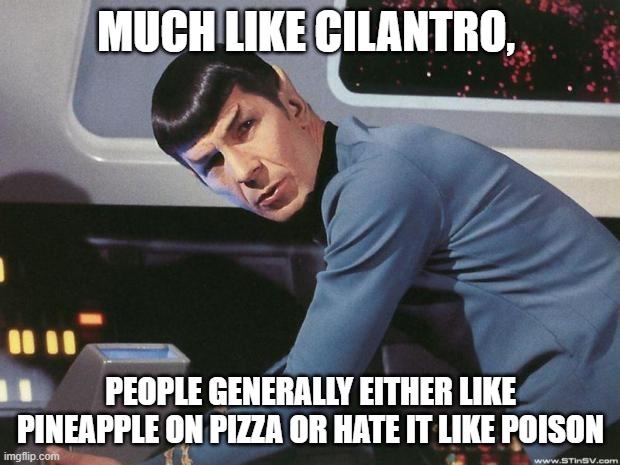 Spock | MUCH LIKE CILANTRO, PEOPLE GENERALLY EITHER LIKE PINEAPPLE ON PIZZA OR HATE IT LIKE POISON | image tagged in spock | made w/ Imgflip meme maker