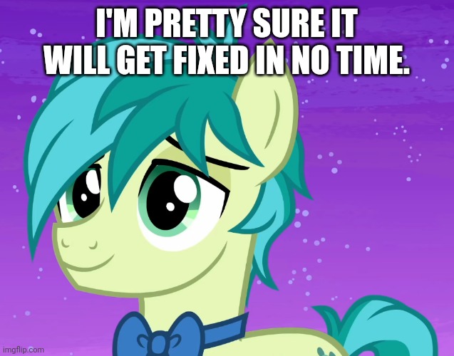 Happy Sandbar (MLP) | I'M PRETTY SURE IT WILL GET FIXED IN NO TIME. | image tagged in happy sandbar mlp | made w/ Imgflip meme maker