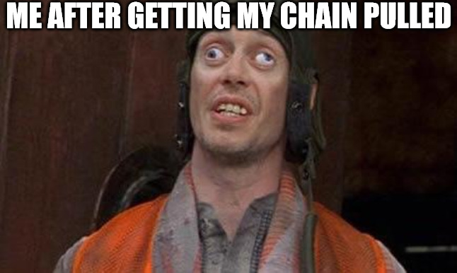 CROSS WORLD | ME AFTER GETTING MY CHAIN PULLED | image tagged in cross eyes,memes,steve buscemi fellow kids | made w/ Imgflip meme maker