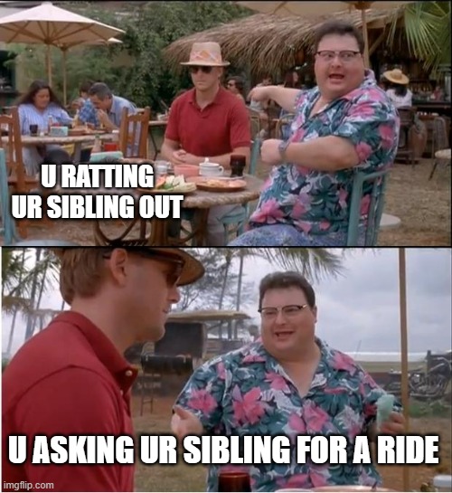See Nobody Cares Meme | U RATTING UR SIBLING OUT; U ASKING UR SIBLING FOR A RIDE | image tagged in memes,see nobody cares | made w/ Imgflip meme maker