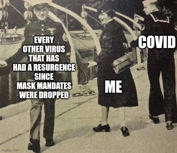 Original distracted girlfriend | COVID; EVERY OTHER VIRUS THAT HAS HAD A RESURGENCE SINCE MASK MANDATES WERE DROPPED; ME | image tagged in original distracted girlfriend | made w/ Imgflip meme maker